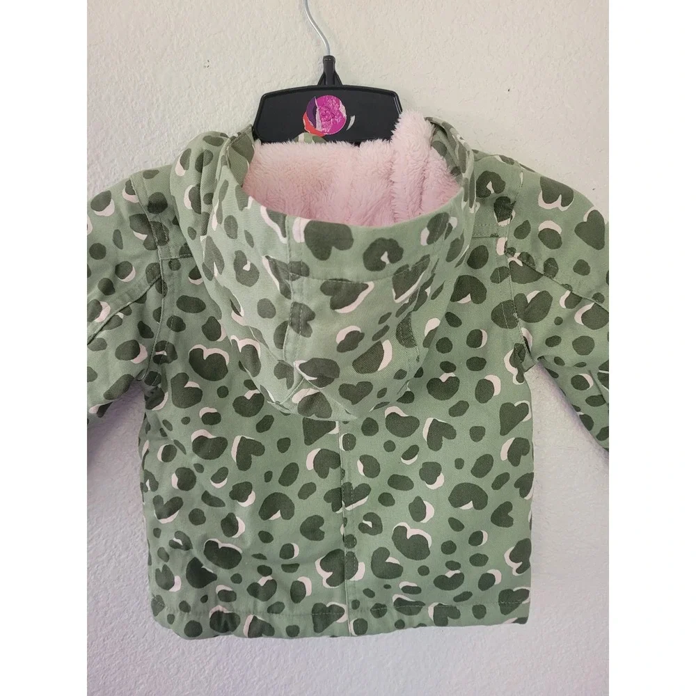 Cat & Jack Baby Girl 12M Olive Green Leopard Heart Print Hooded Jacket #R‎